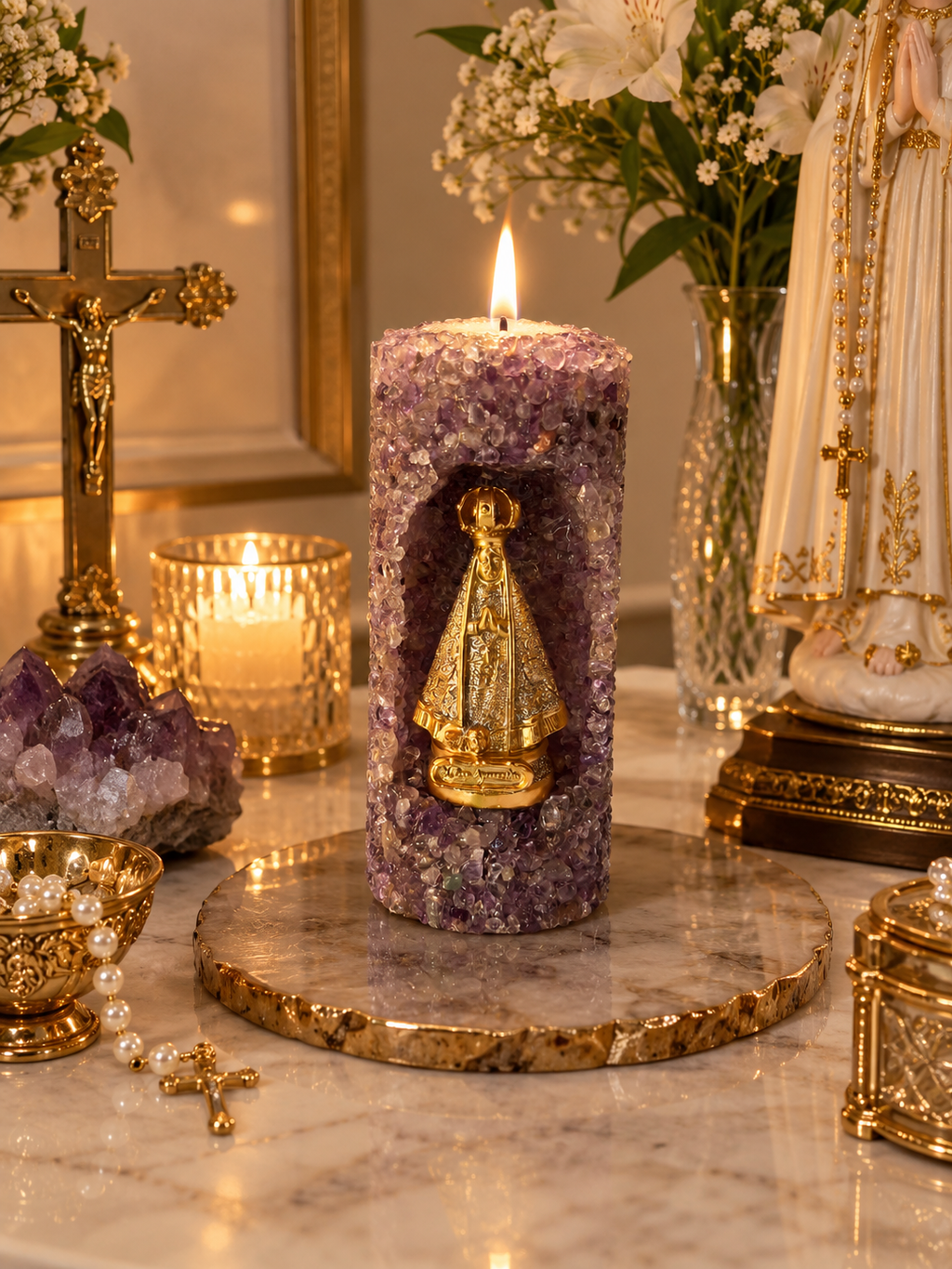 Vela Aromática Nossa Senhora Aparecida em Quartzo Ametista