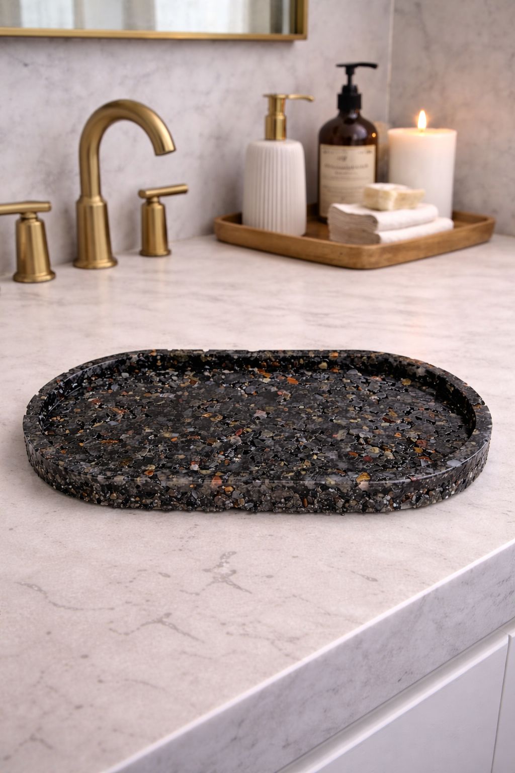 Bandeja Oval Premium Lavabo Banheiro Luxo Quartzo Natural Ágata Negra