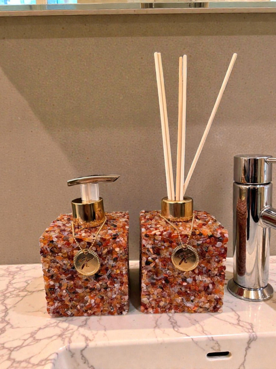 Kit Vidro Aromatizador E Saboneteira Quadrado Quartzo Cor Ágata Vermelha