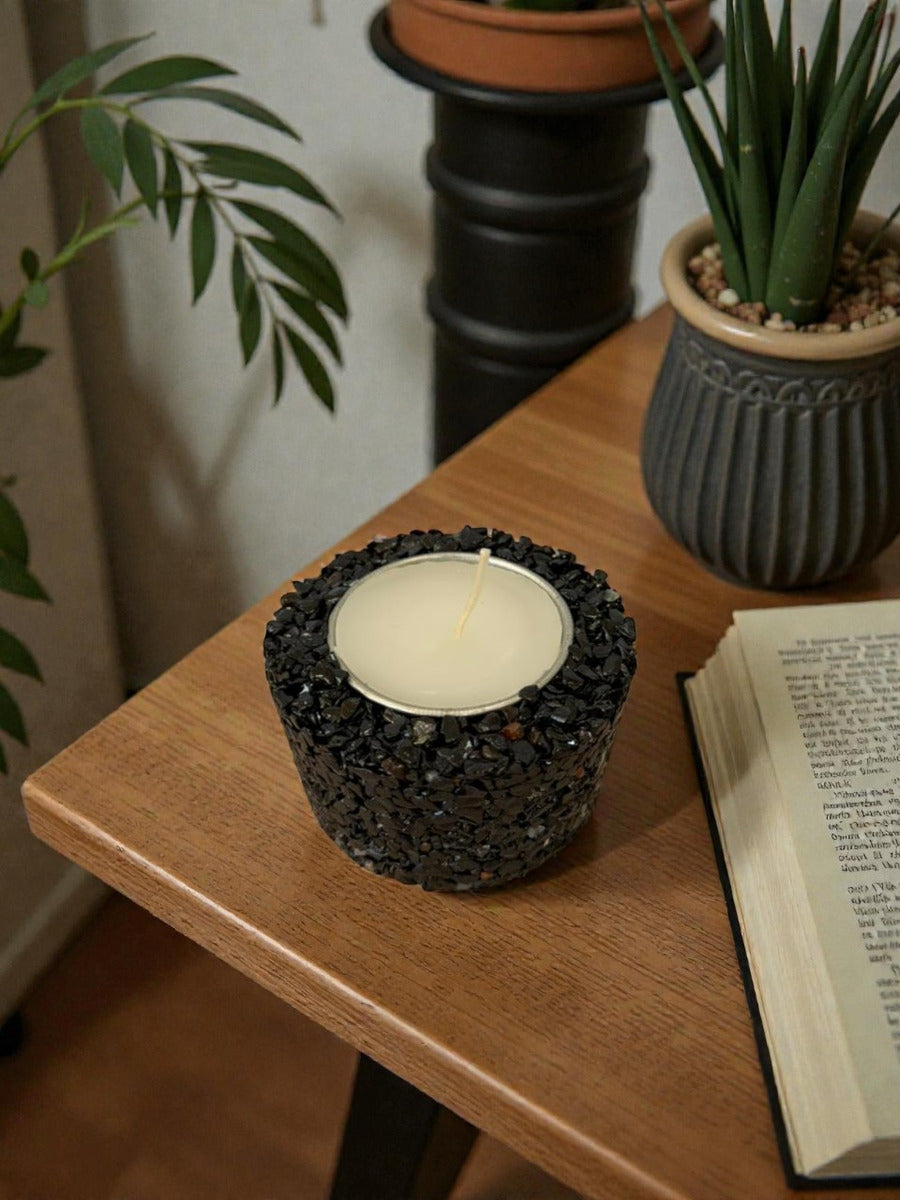 Vela Aromática Pedras Naturais Presente Decorativa Floral - Preto