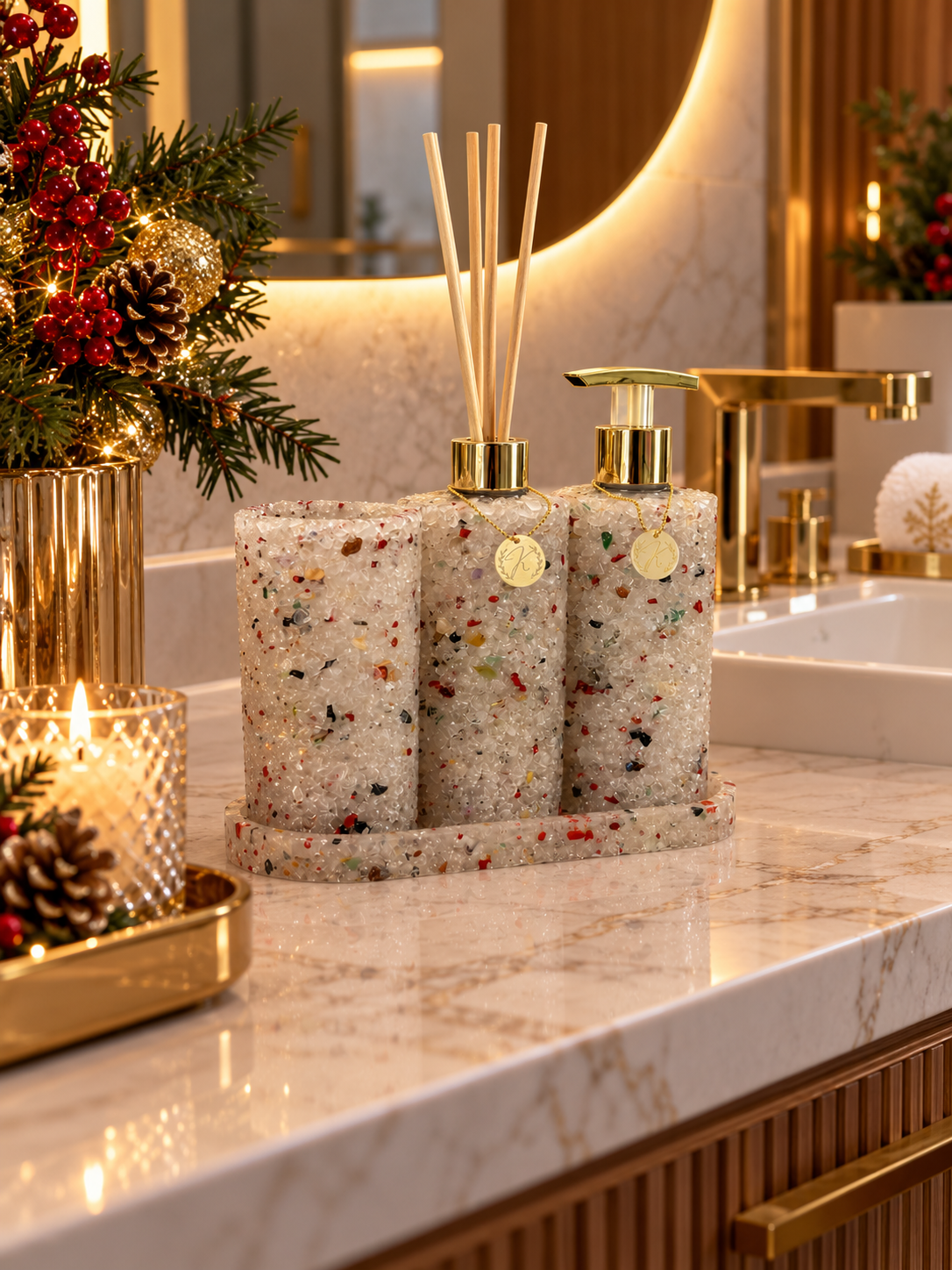 Kit Trio Aromatizador, Saboneteira, Porta Escova e Bandeja Em Pedra Quartzo Cristal de Natal