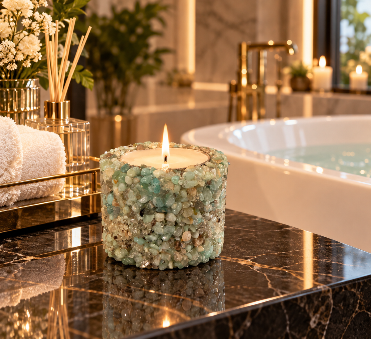 Vela Aromática Pedras Naturais Presente Decorativa Floral Premium Cor Tifany