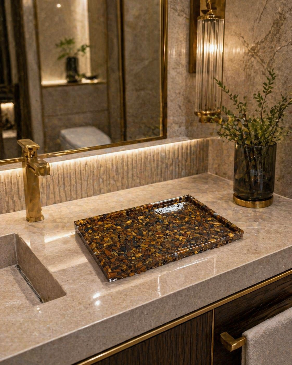 Bandeja De Pedra Para Lavabo Decorativa Quadrada Cor Olho de Tigre
