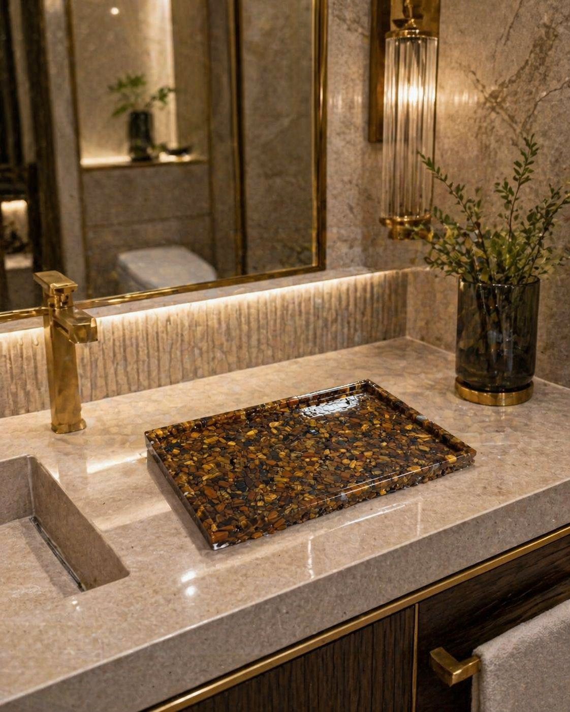 Bandeja De Pedra Para Lavabo Decorativa Quadrada Cor Olho de Tigre