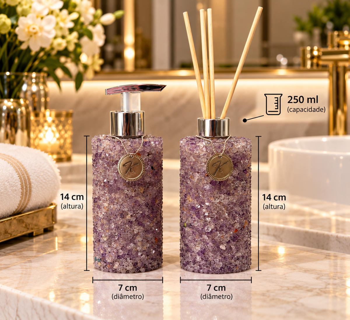 Kit Aromatizador E Saboneteira Quartzo Ametista Cristalino