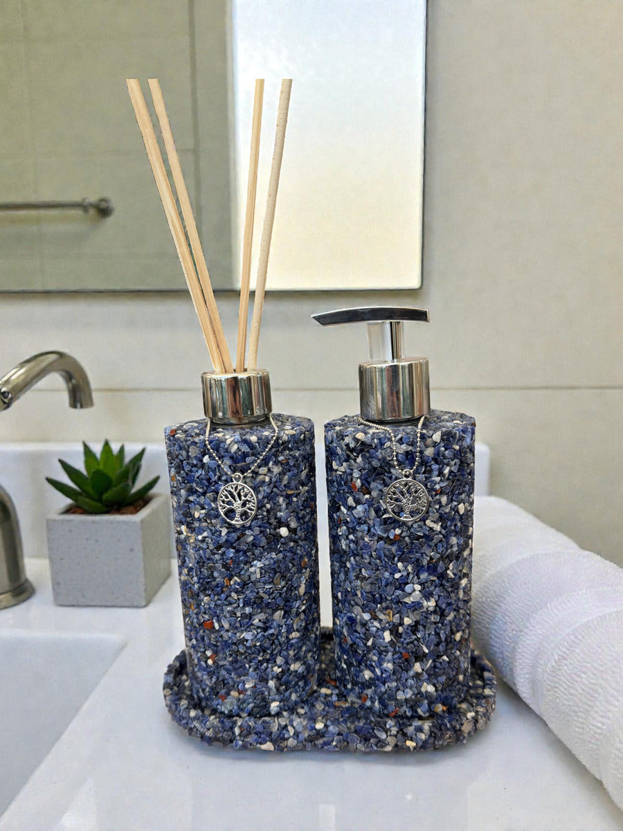 Kit Vidro Aromatizador E Saboneteira Com Bandeja Quartzo - Azul