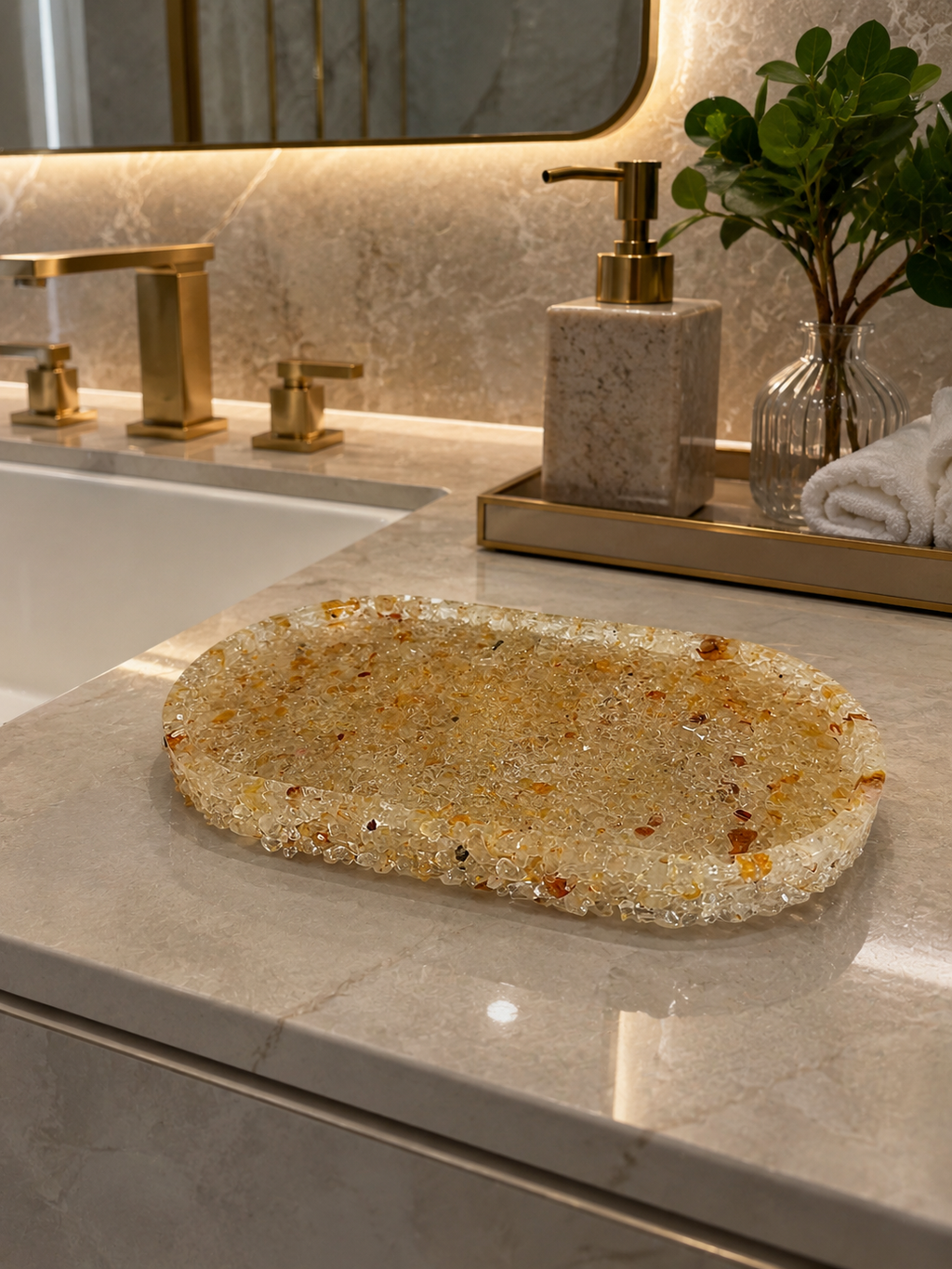 Bandeja Oval Premium Lavabo Banheiro Luxo Quartzo Natural Citrino Premium