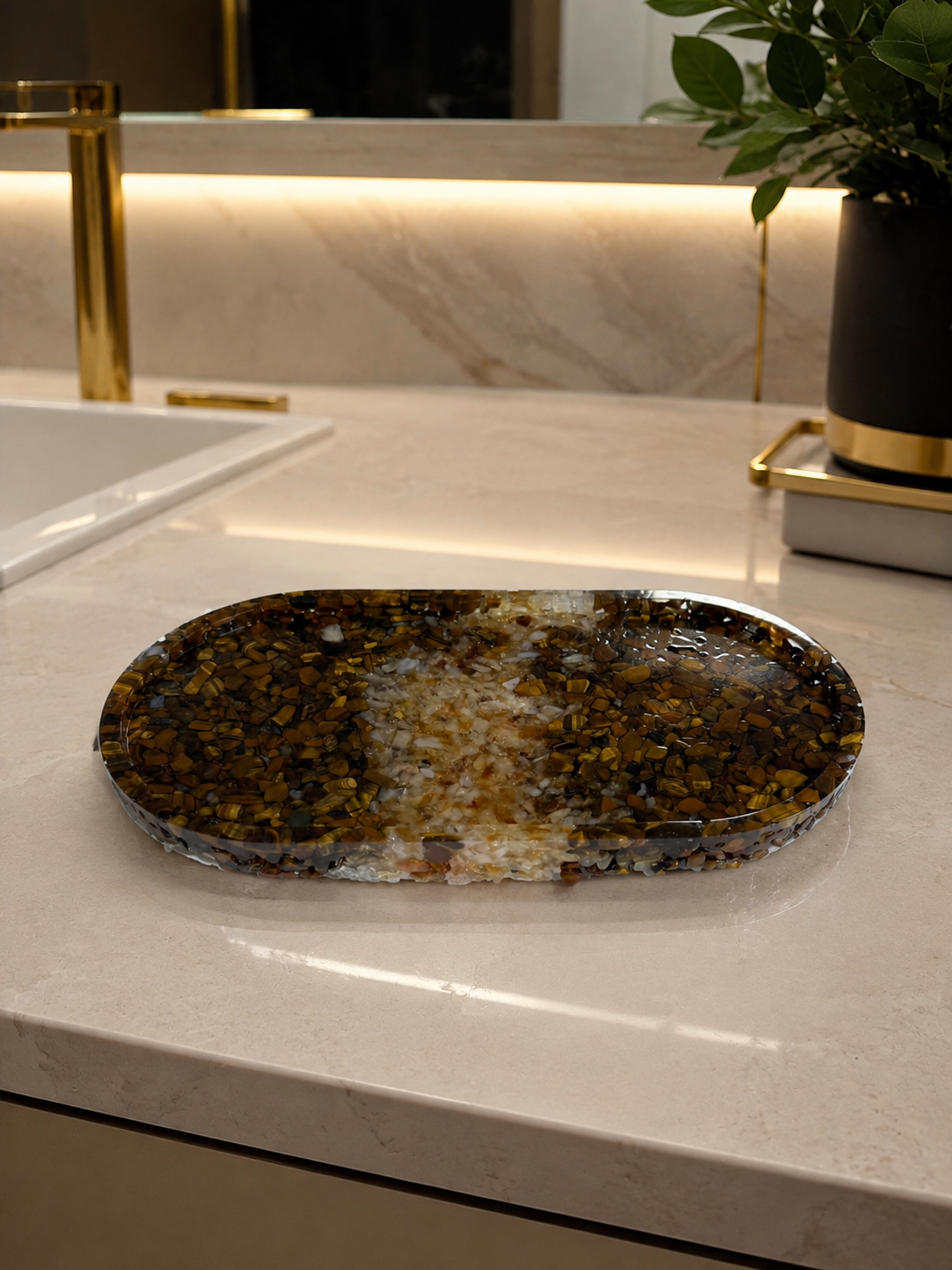 Bandeja De Pedra Para Lavabo Decorativa Oval Citrino com Marrom