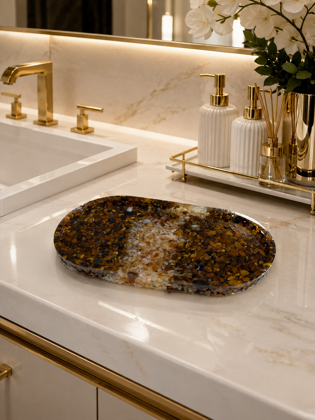 Bandeja De Pedra Para Lavabo Decorativa Oval Citrino com Marrom