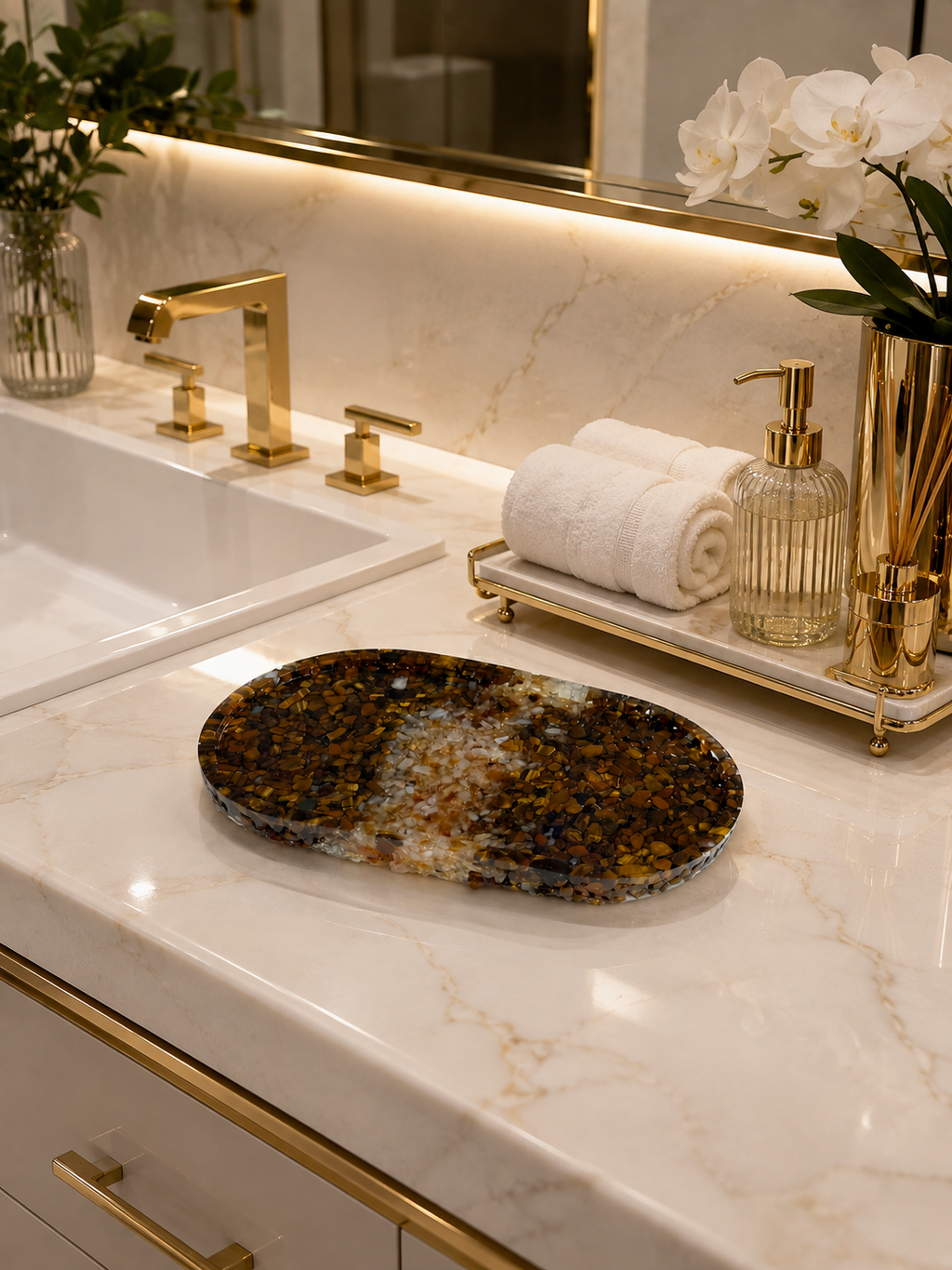 Bandeja De Pedra Para Lavabo Decorativa Oval Citrino com Marrom