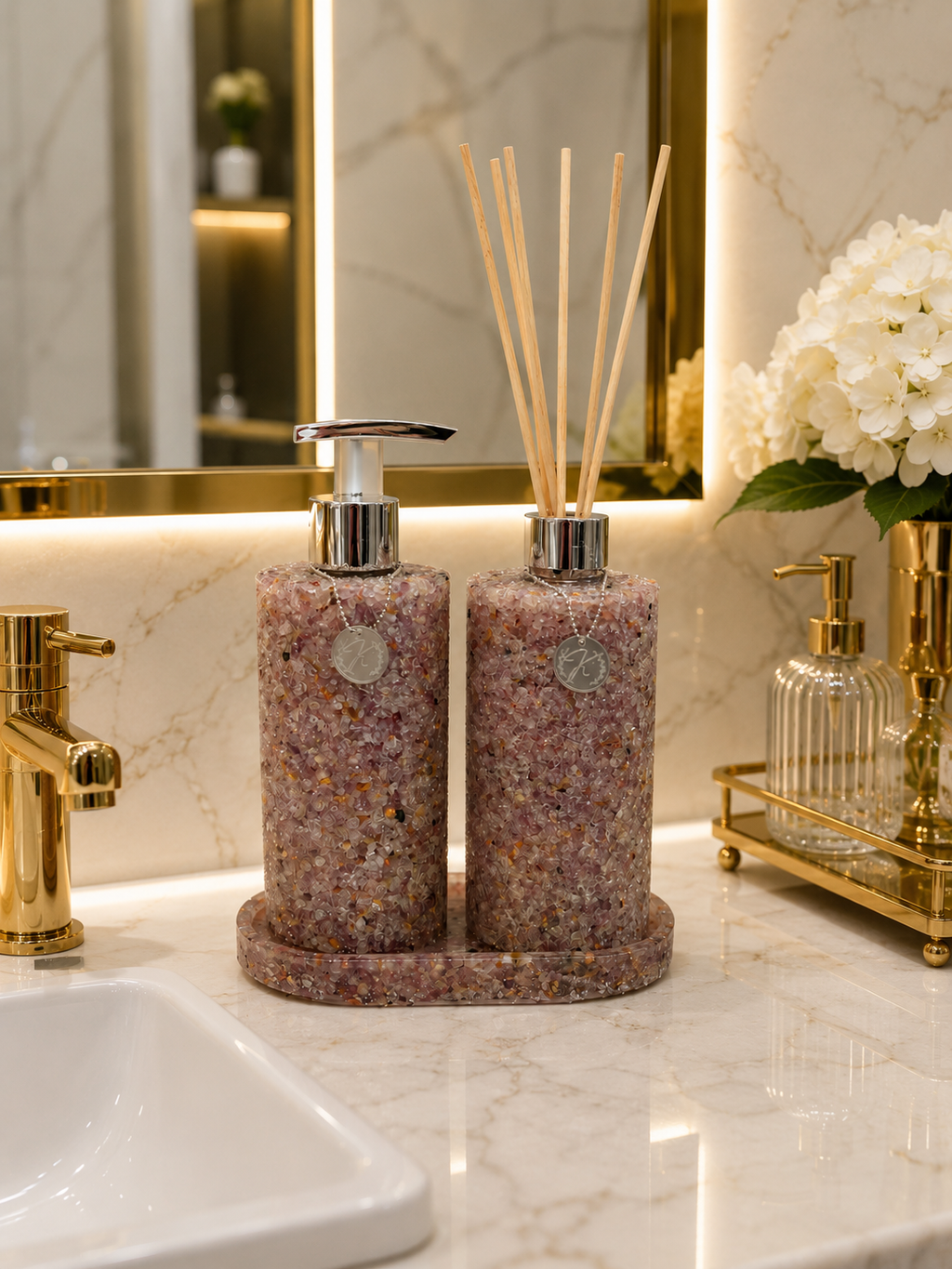 Kit Vidro Aromatizador E Saboneteira Com Bandeja Quartzo Ametista