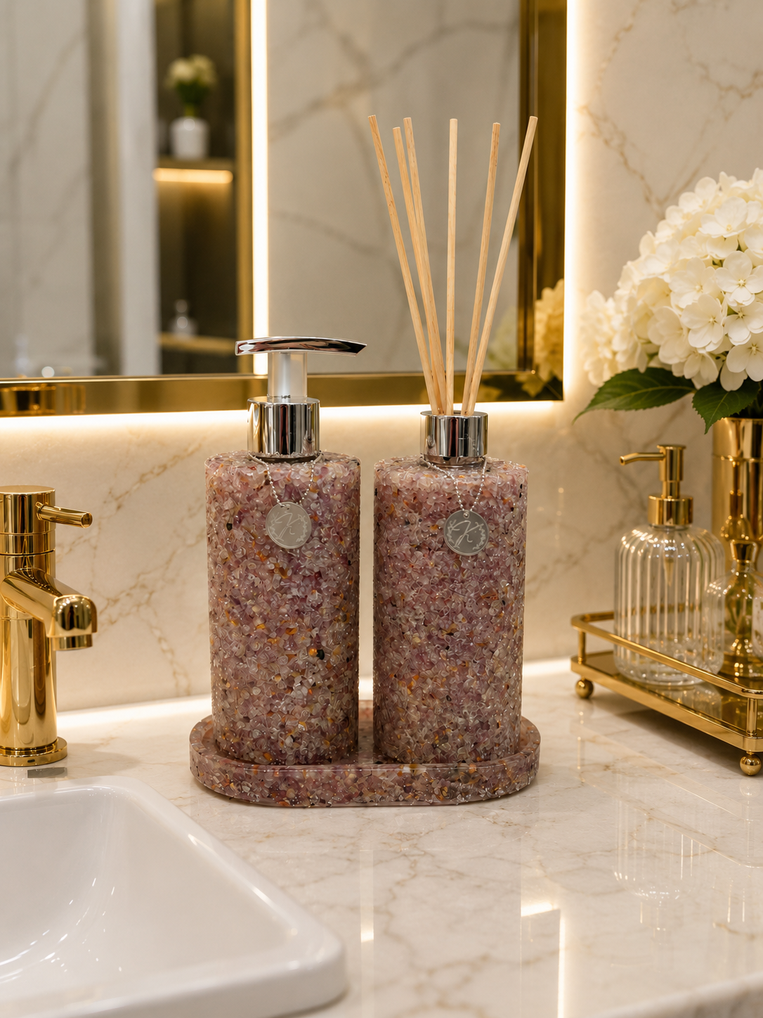 Kit Vidro Aromatizador E Saboneteira Com Bandeja Quartzo Ametista