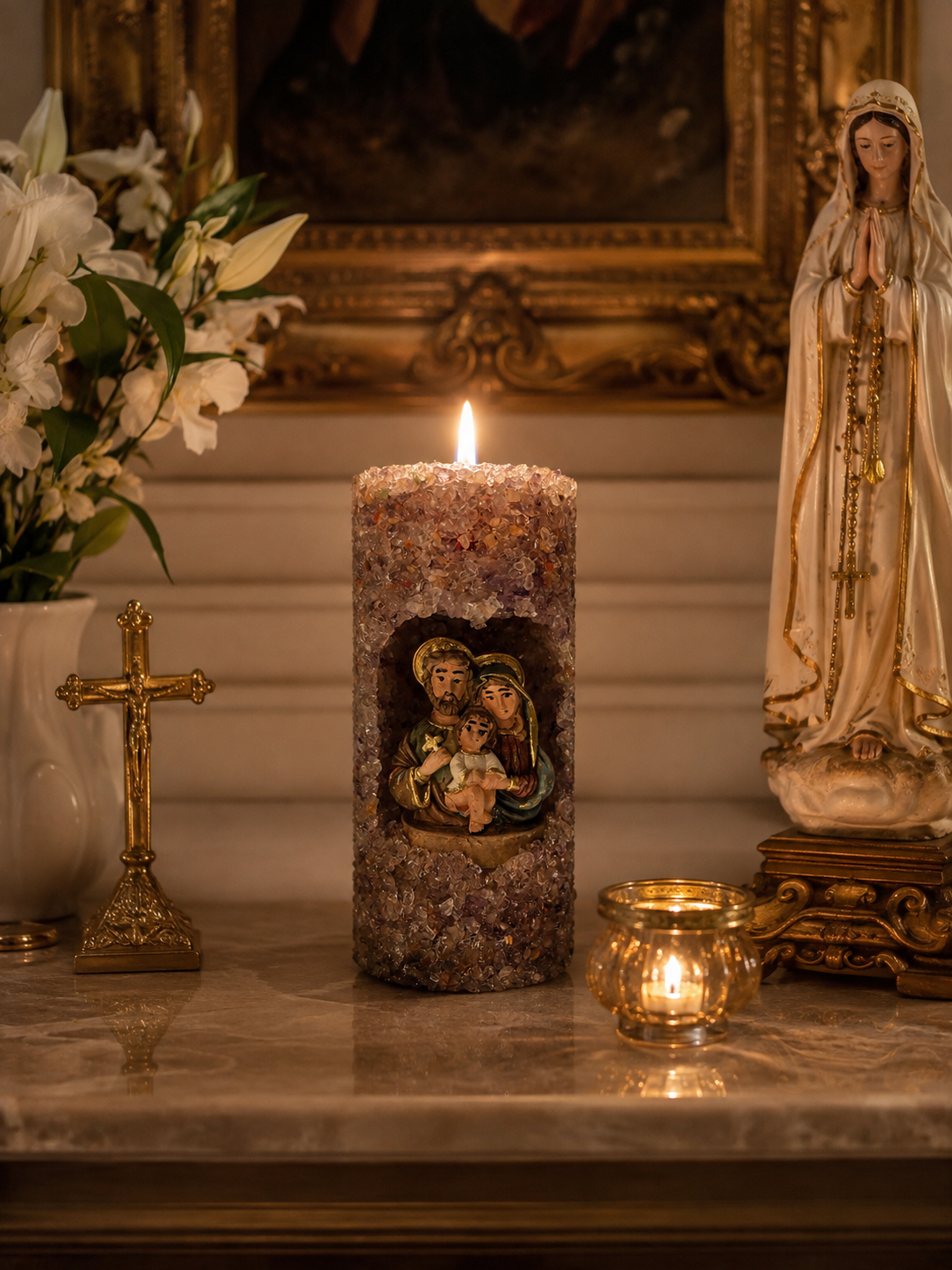 Vela Oratório Aromática Religiosa Sagrada Família Quartzo Ametista