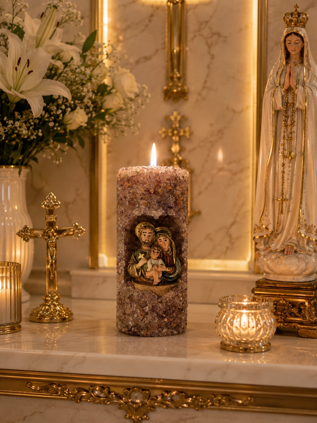 Vela Oratório Aromática Religiosa Sagrada Família Quartzo Ametista