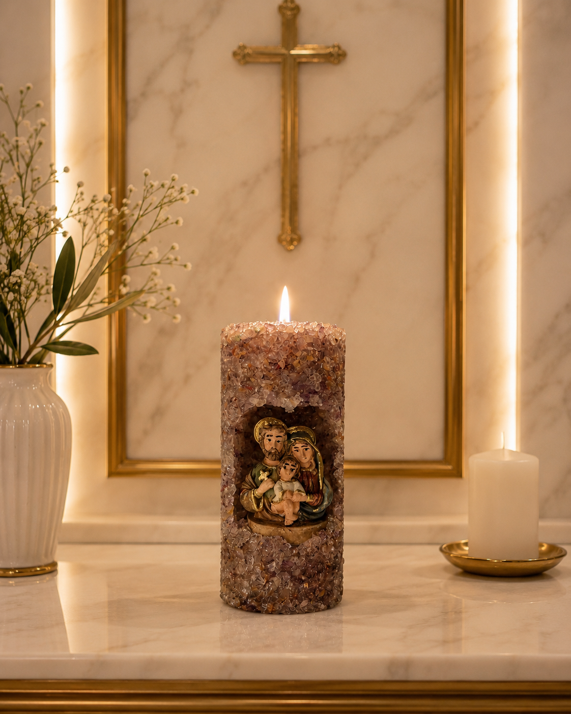 Vela Oratório Aromática Religiosa Sagrada Família Quartzo Ametista