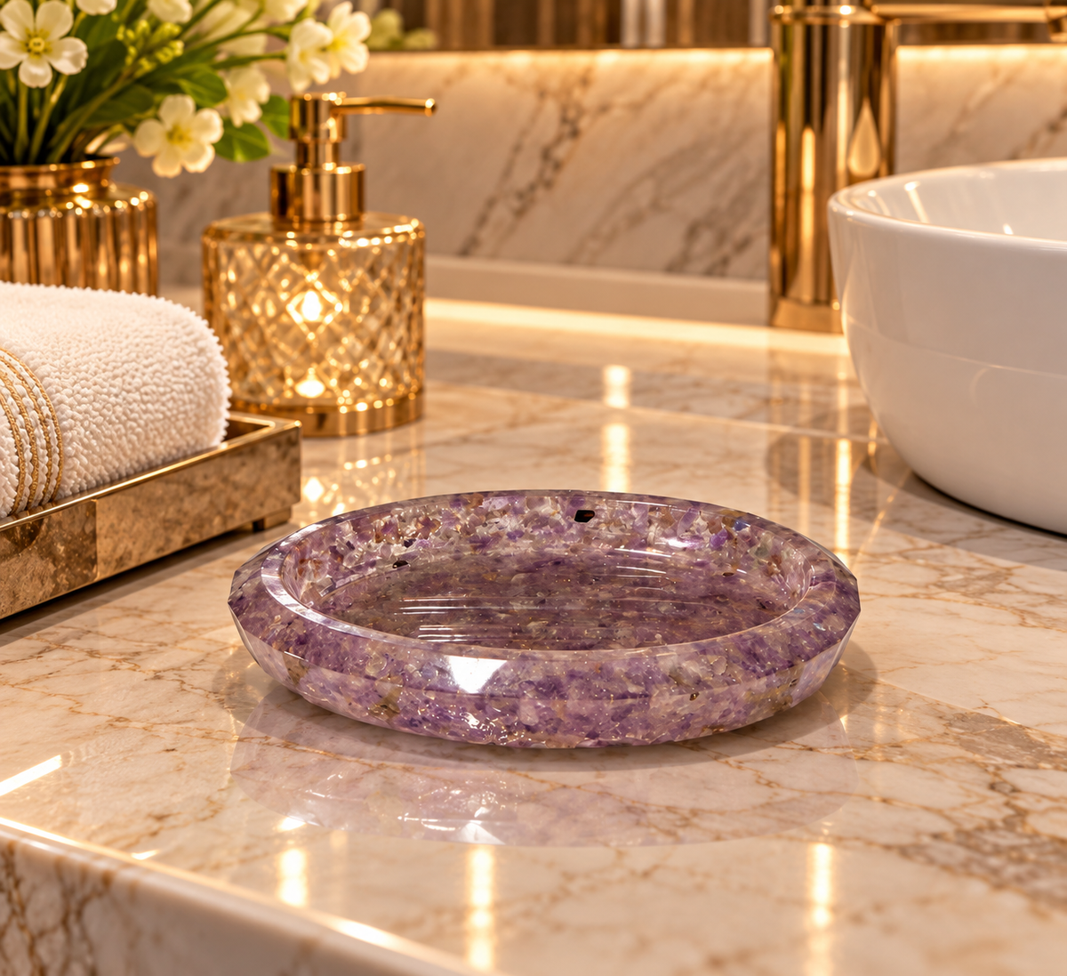 Porta Sabonete Oval Saboneteira Luxo Lavabo Banheiro Ametista Cristalino