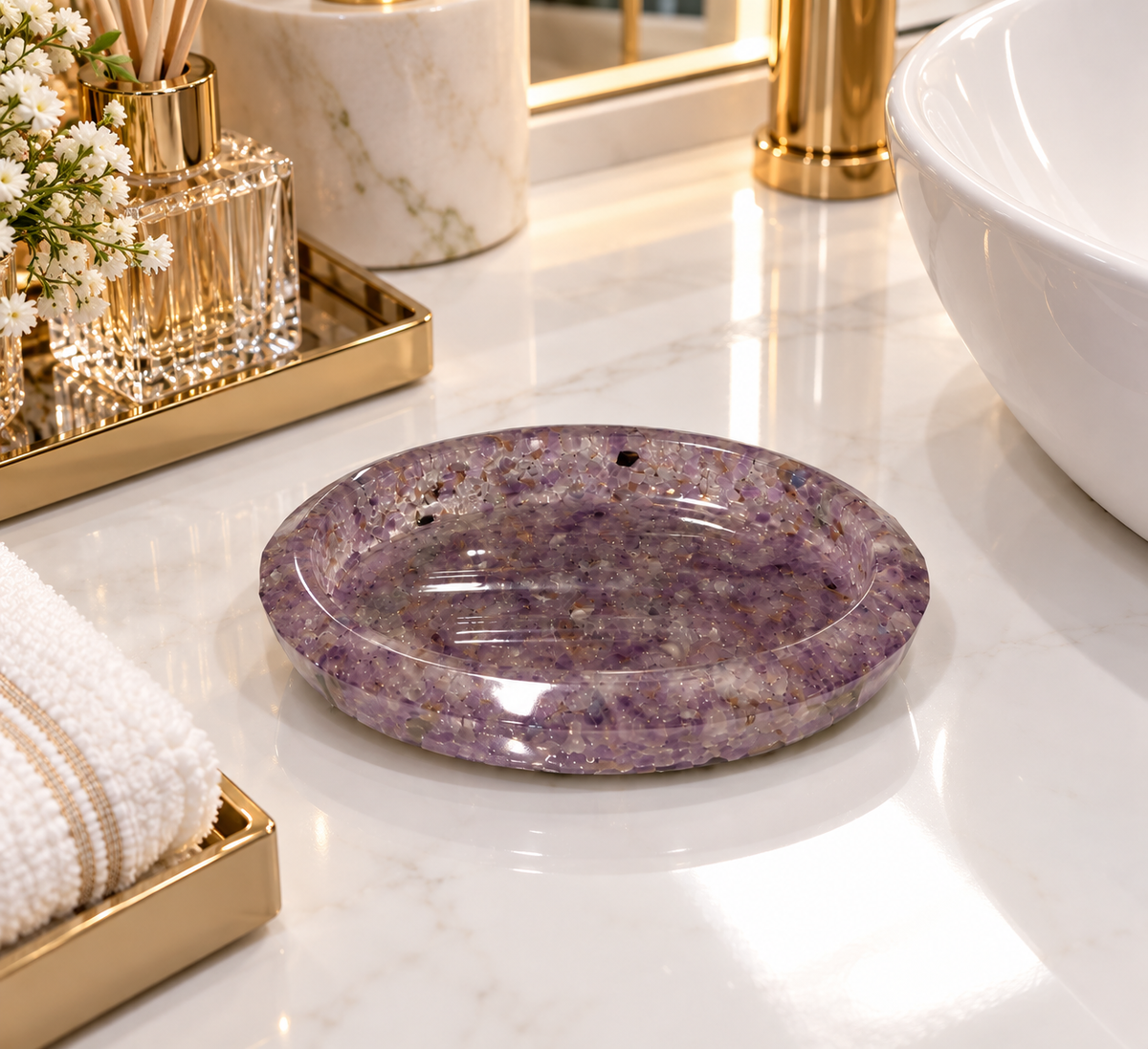 Porta Sabonete Oval Saboneteira Luxo Lavabo Banheiro Ametista Cristalino