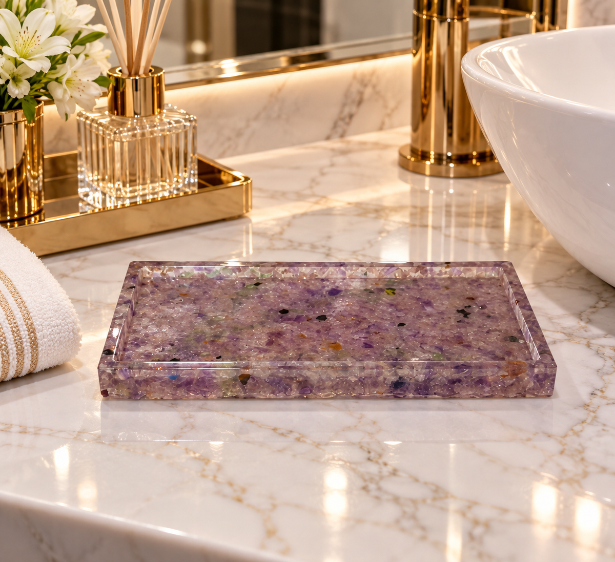 Bandeja De Pedra Para Lavabo Decorativa Quadrada em Quartzo Ametista Cristalino