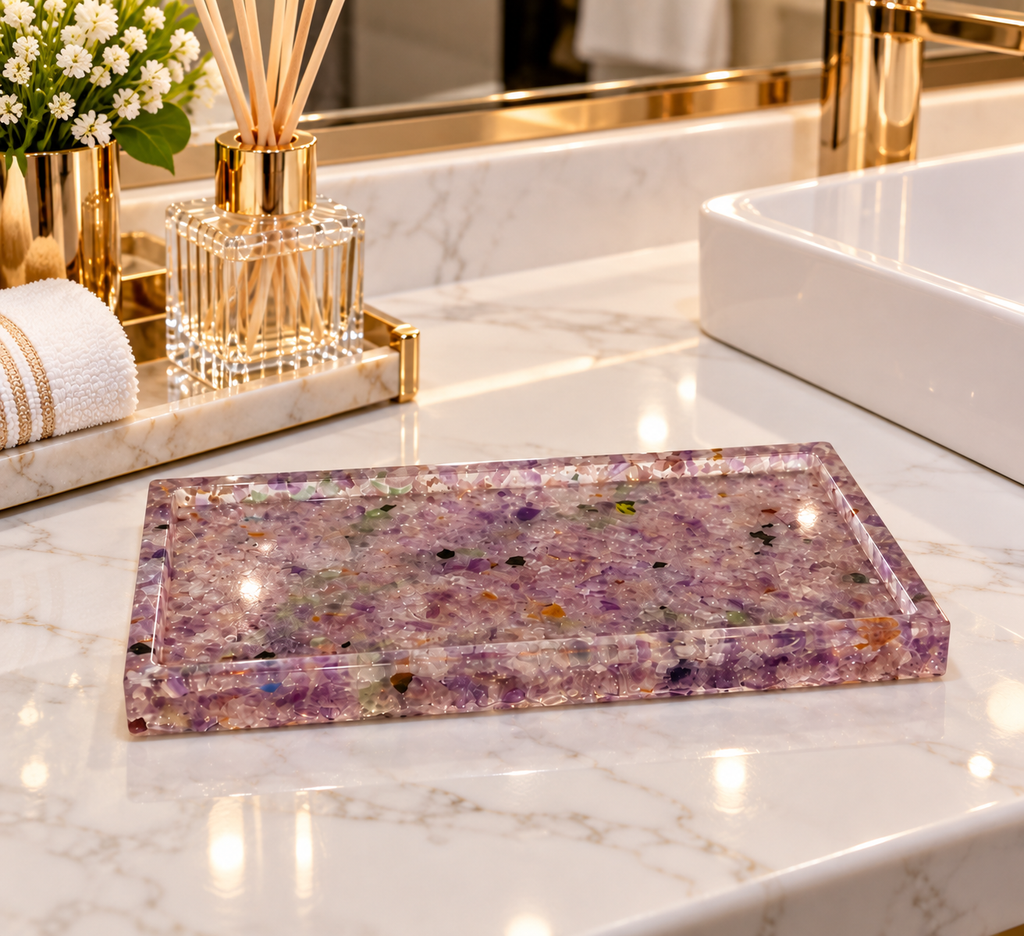 Bandeja De Pedra Para Lavabo Decorativa Quadrada em Quartzo Ametista Cristalino