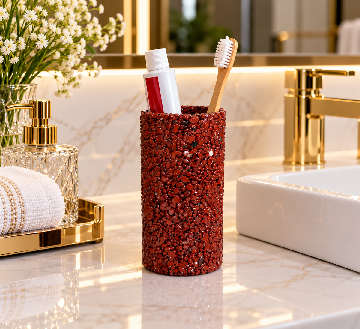 Porta Escovas De Dente De Pedra Banheiro E Lavabo Em Quartzo Vermelho Africano