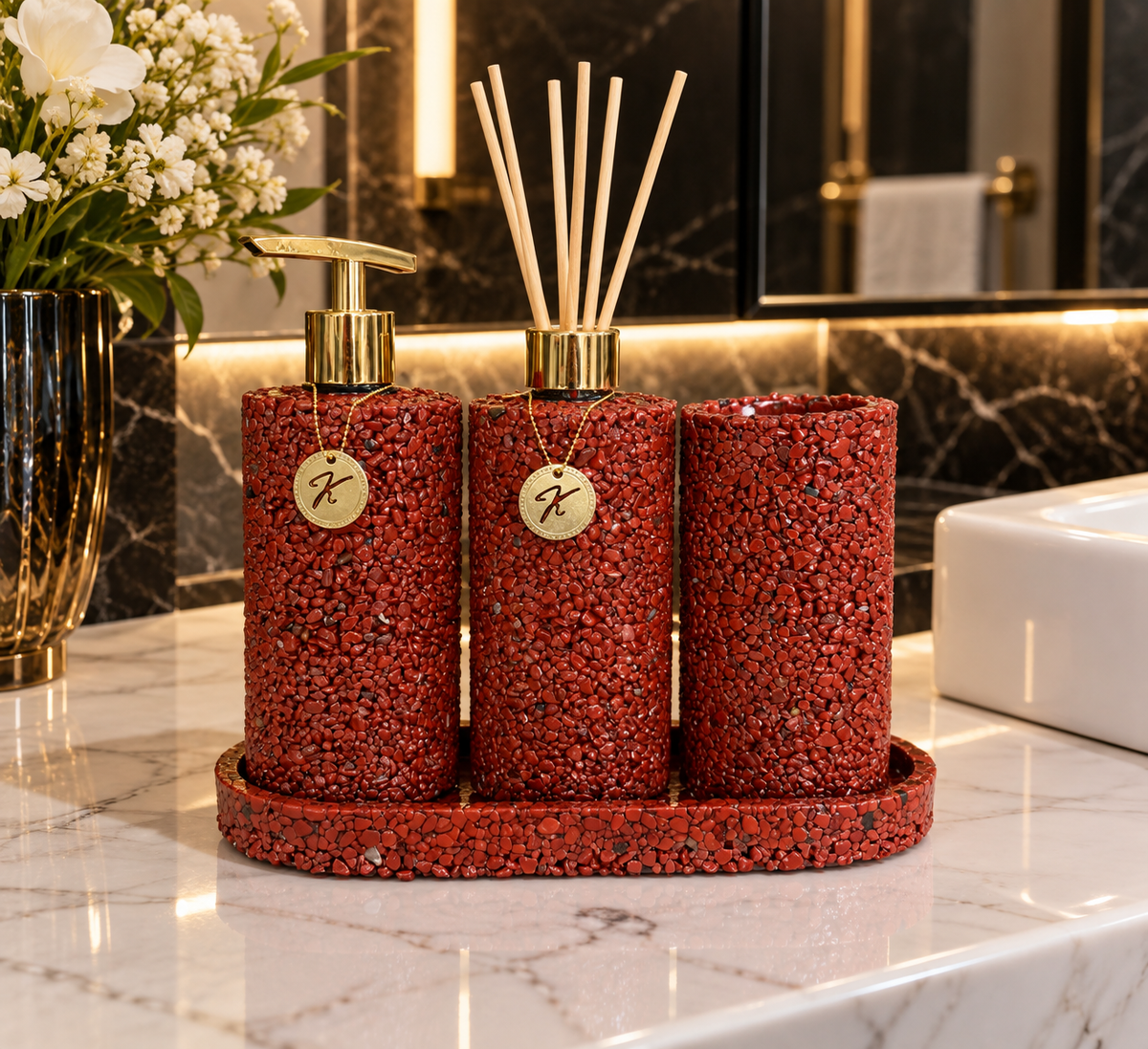 Kit Trio Aromatizador, Saboneteira, Porta Escova, Bandeja Em Pedra Quartzo Vermelho Africano
