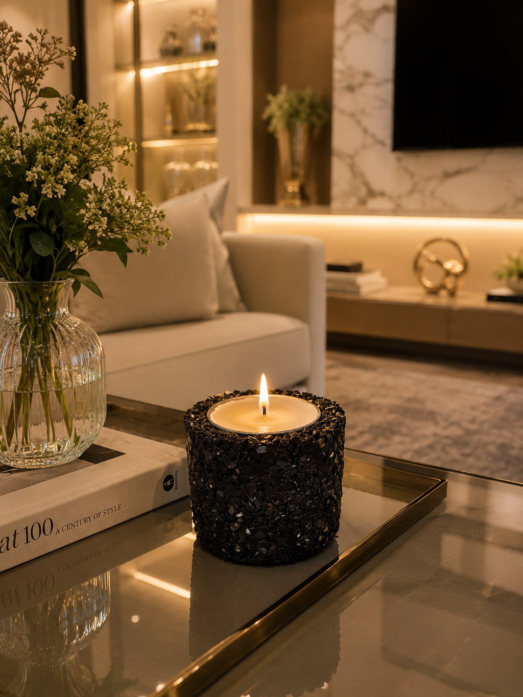 Vela Aromática Pedras Naturais Presente Decorativa Floral - Preto
