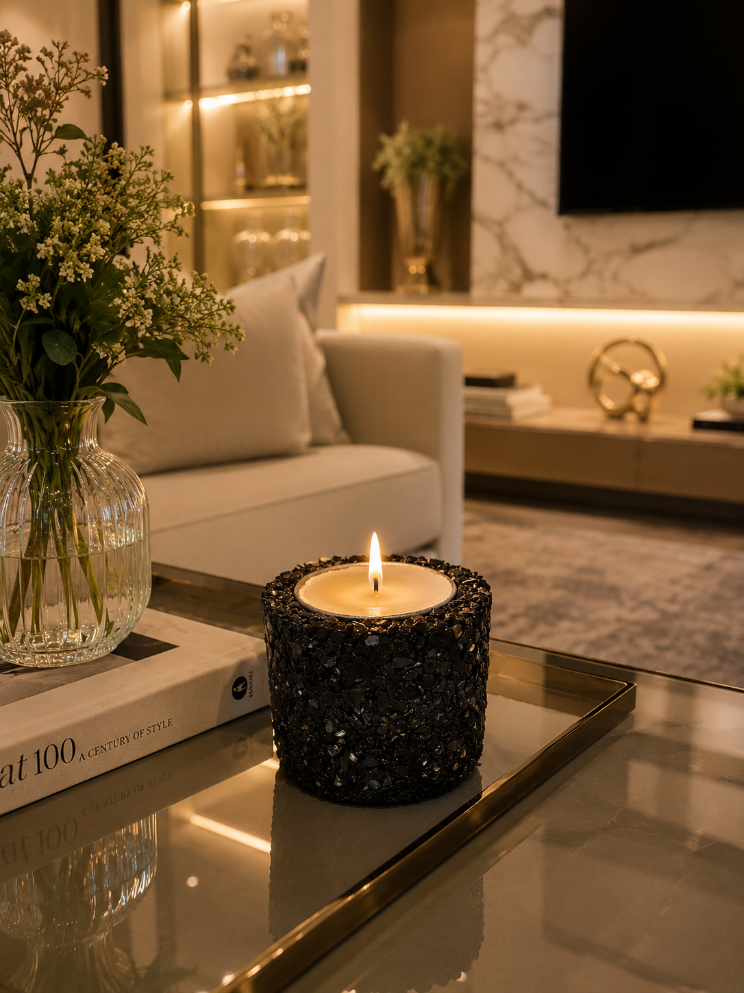 Vela Aromática Pedras Naturais Presente Decorativa Floral - Preto