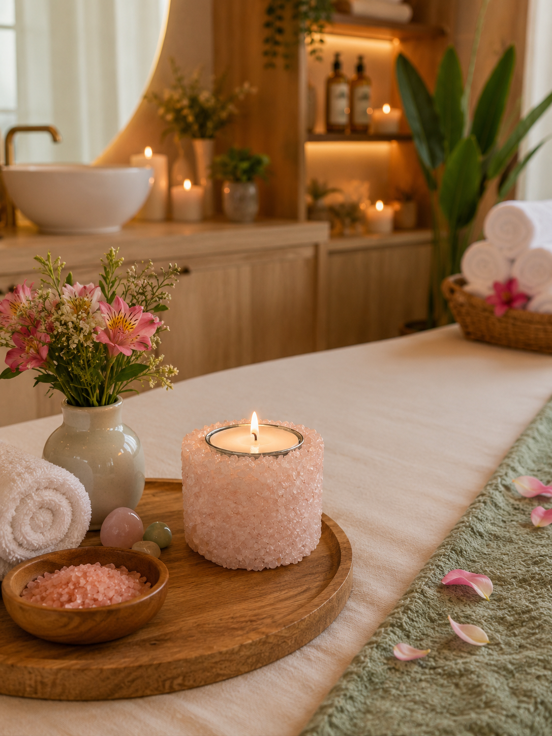Vela Aromática Pedras Naturais Presente Decorativa Floral - Rosa