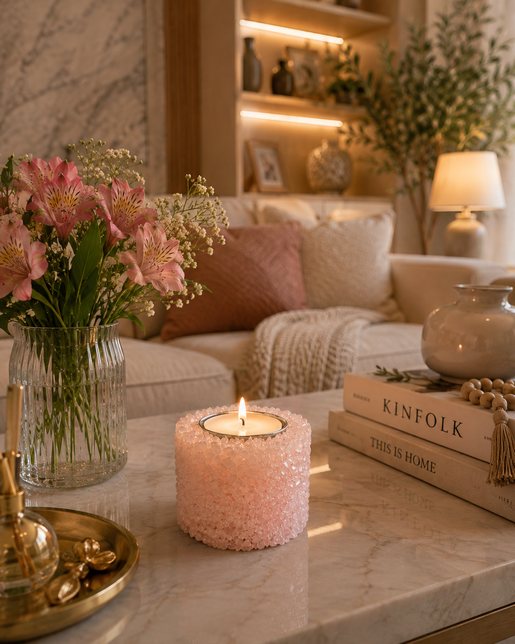 Vela Aromática Pedras Naturais Presente Decorativa Floral - Rosa