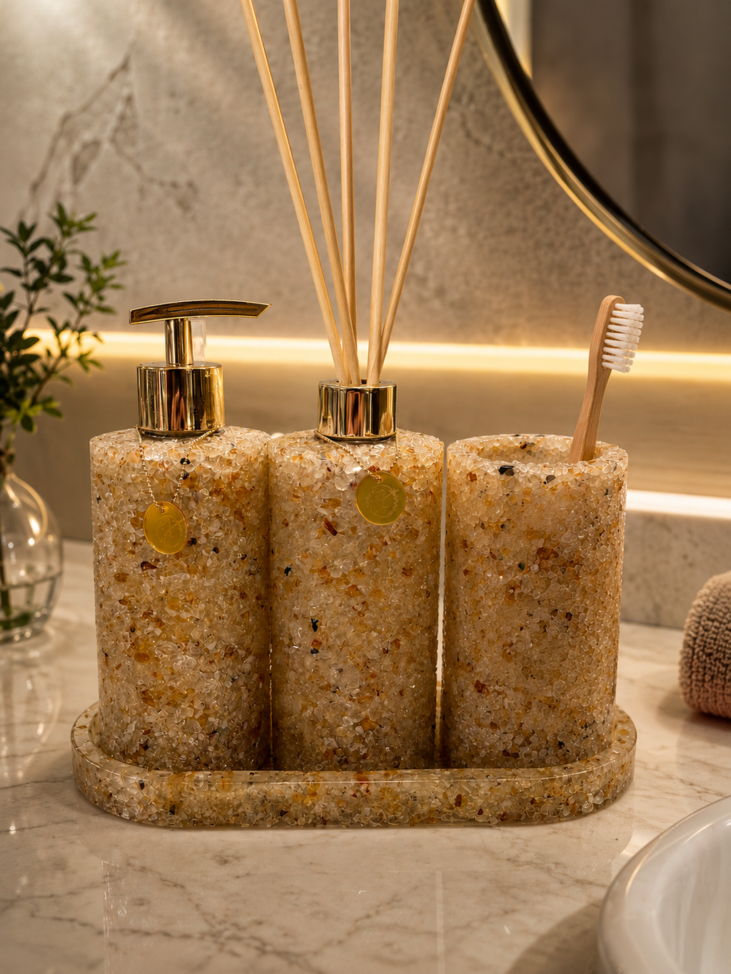 Kit Trio Aromatizador, Saboneteira, Porta Escova e Bandeja Em Pedra Quartzo Citrino