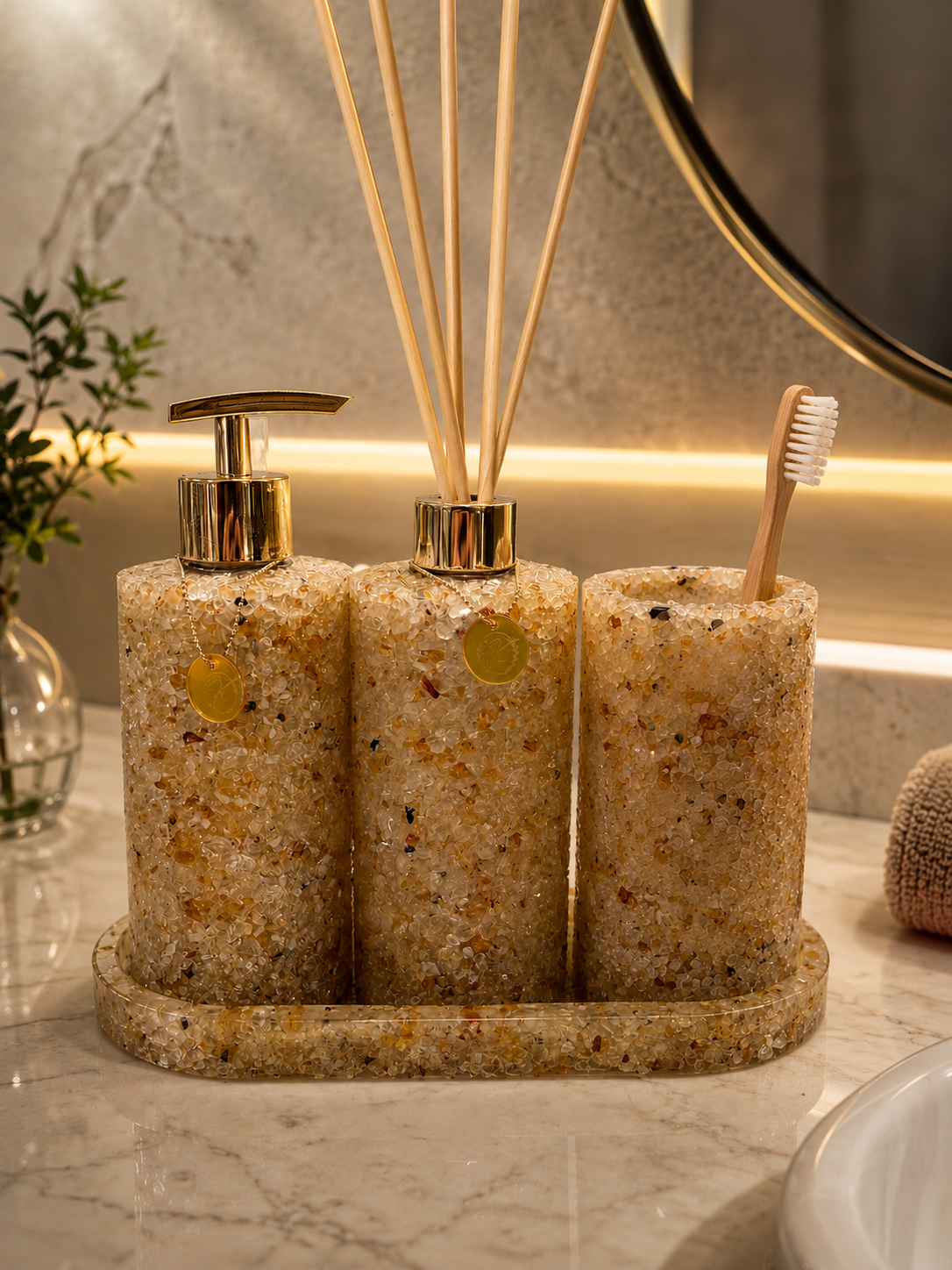 Kit Trio Aromatizador, Saboneteira, Porta Escova e Bandeja Em Pedra Quartzo Citrino