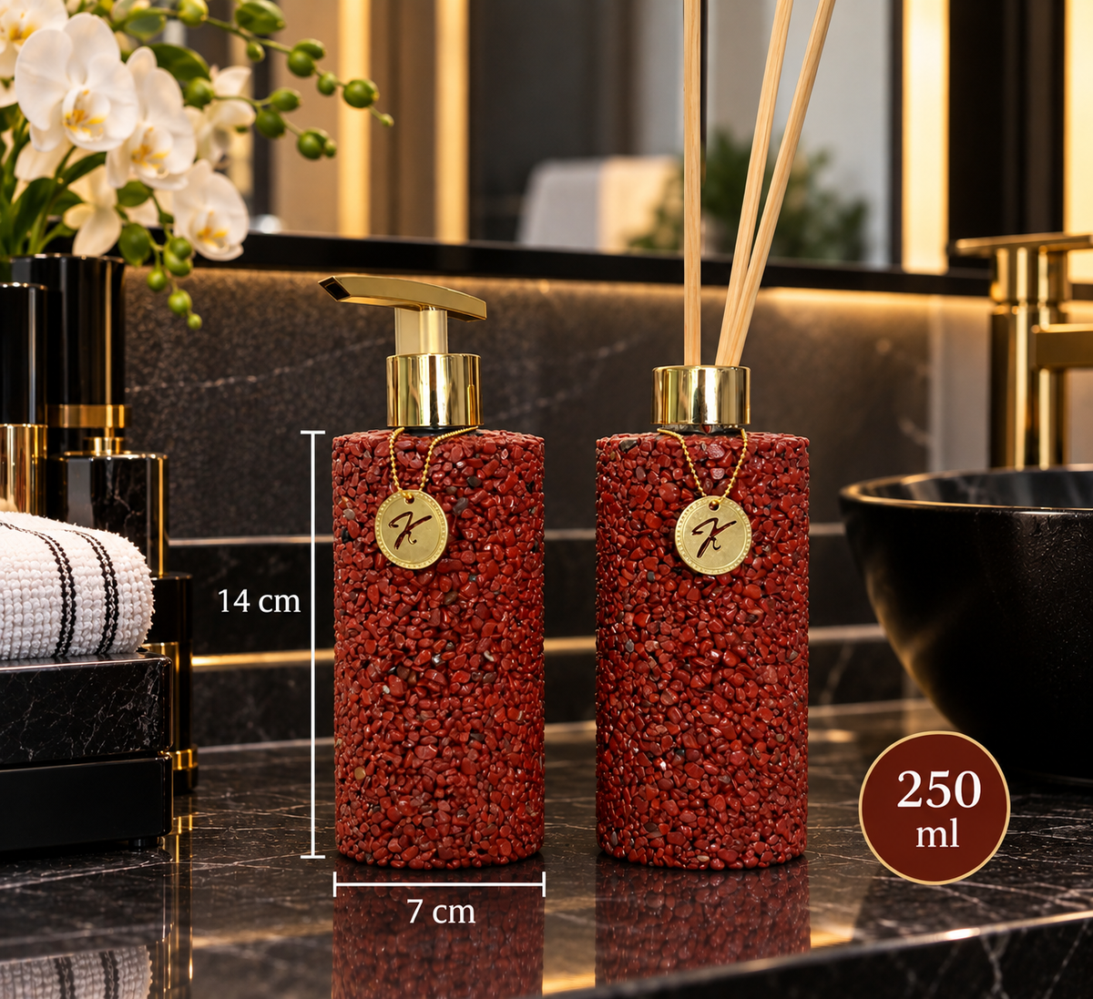 Kit Aromatizador E Saboneteira Luxo em Quartzo Vermelho Africano