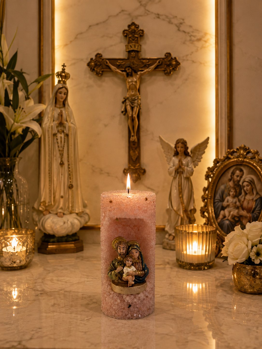 Vela Oratório Aromática Religiosa Sagrada Família em Quartzo Rosa