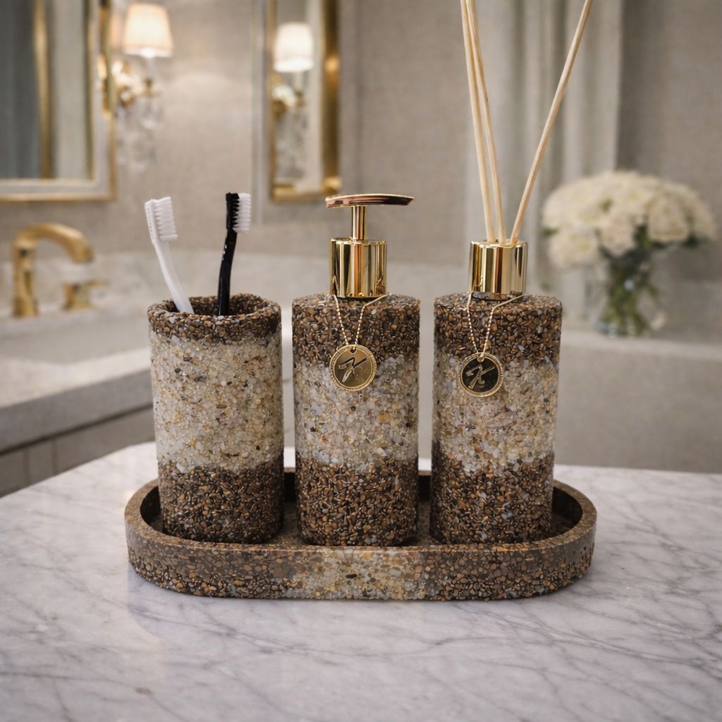 Kit Trio Aromatizador, Saboneteira, Porta Escova e Bandeja Em Pedra Quartzo Citrino com Marrom