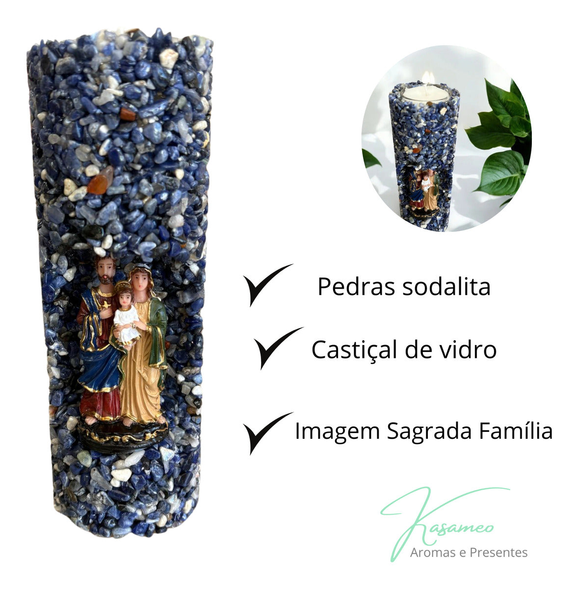 Vela Artesanal Aromática Religiosa Sagrada Família Decorada Azul Floral