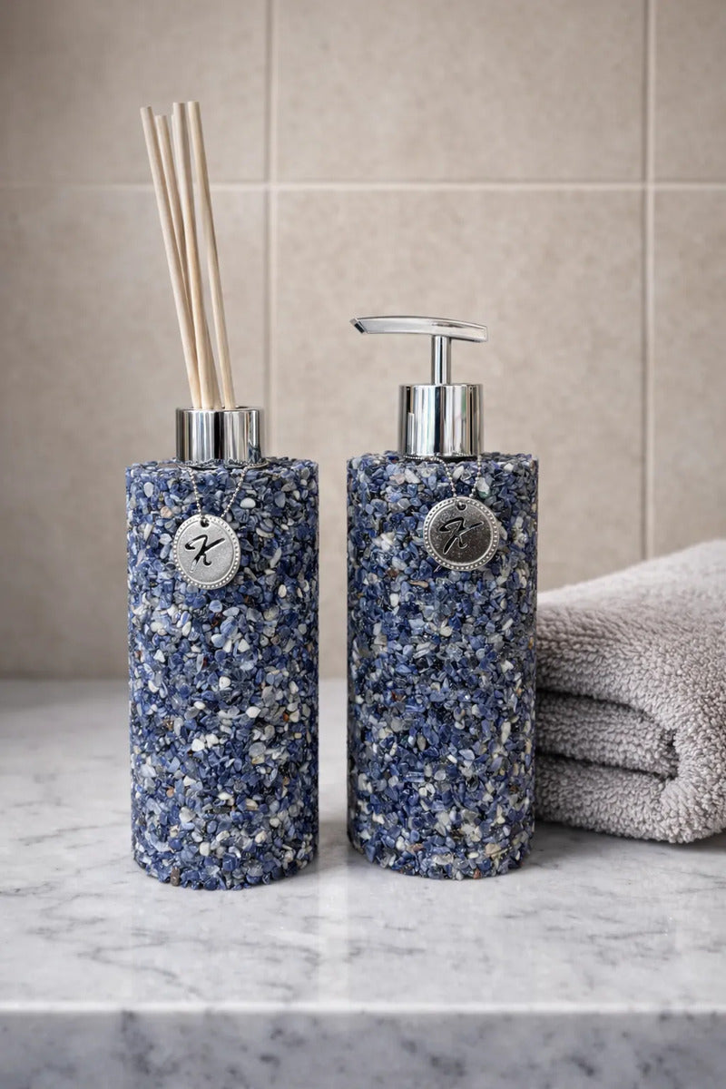 Kit Vidro Aromatizador E Saboneteira Banheiro Quartzo Azul Sodalita