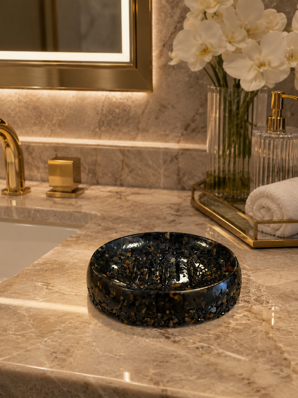 Porta Sabonete Saboneteira Luxo Lavabo Linha Premium Agata Negra