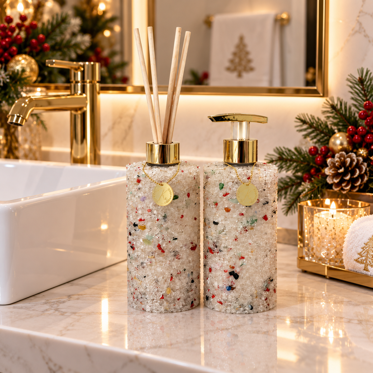 Kit Vidro Aromatizador Saboneteira Quartzo Cristal De Natal