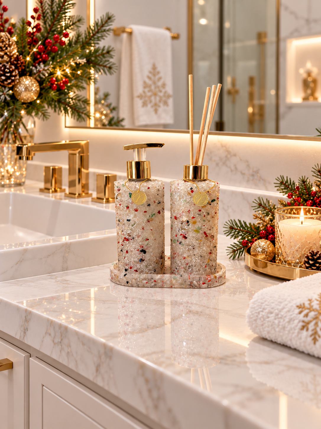 Kit Vidro Aromatizador E Saboneteira Com Bandeja Cristal De Natal