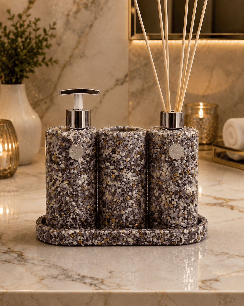 Kit Trio Arom, Sabon, Porta Escova, Bandeja Linha Premium Ametista Premium