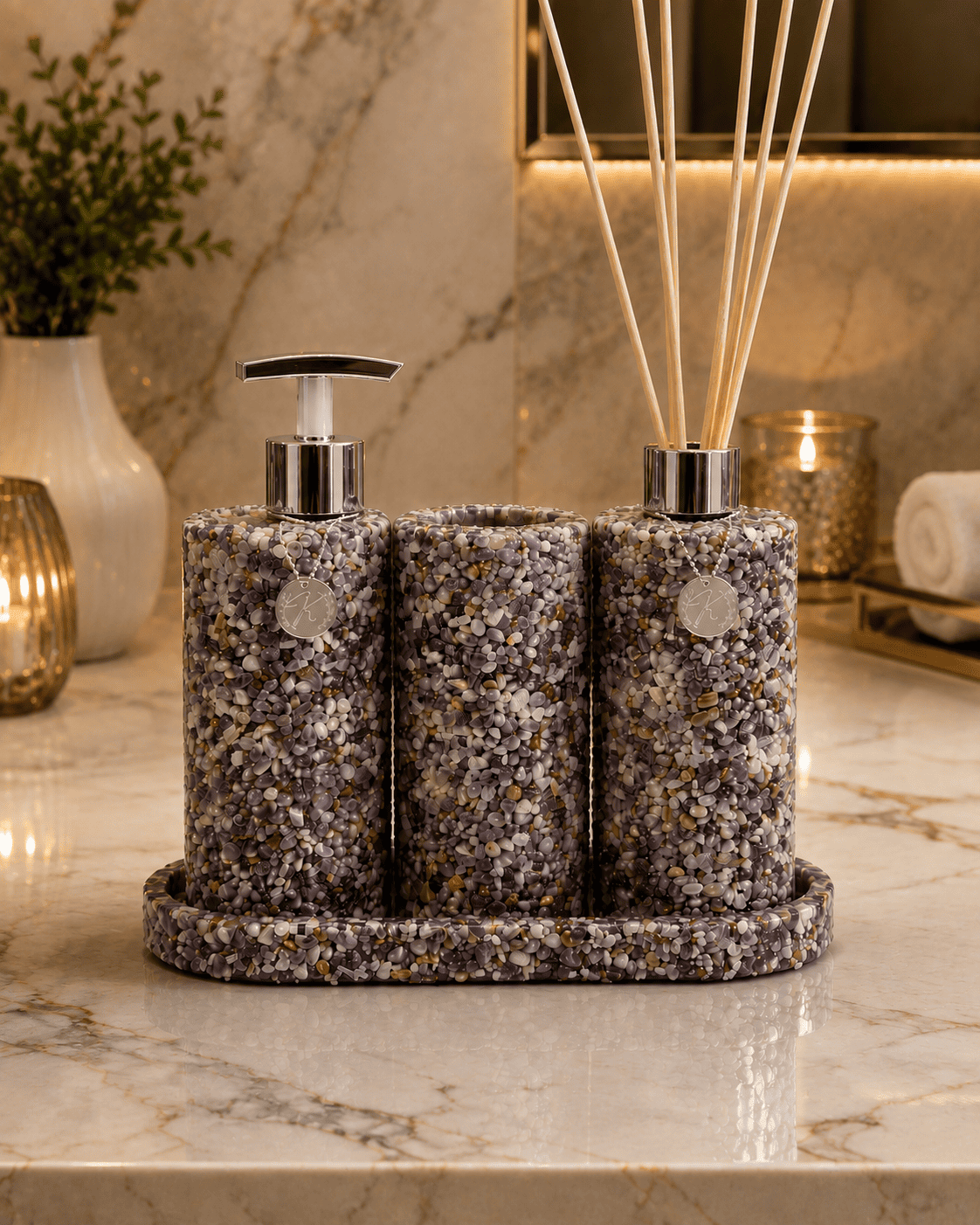 Kit Trio Arom, Sabon, Porta Escova, Bandeja Linha Premium Ametista Premium