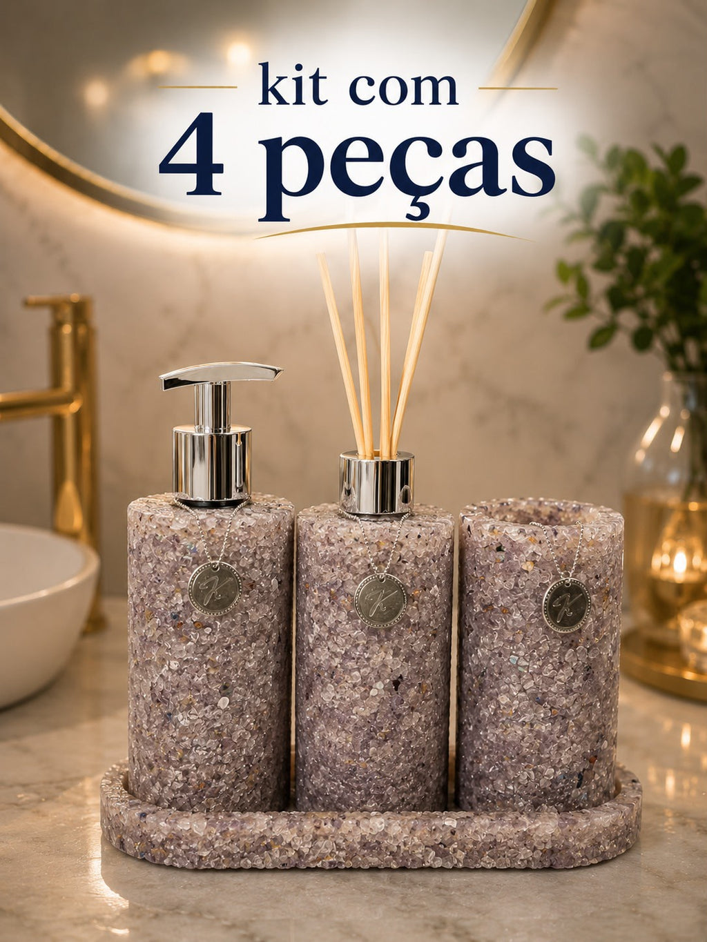 Kit Trio Arom, Sabon, Porta Escova, Bandeja Em Pedra Quartzo Ametista