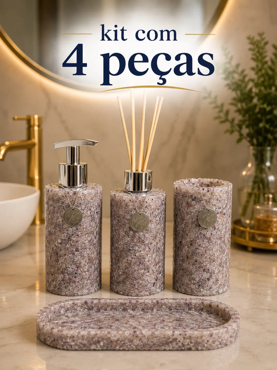 Kit Trio Arom, Sabon, Porta Escova, Bandeja Em Pedra Quartzo Ametista