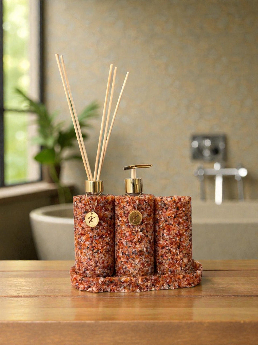 Kit Trio Aromatizador, Saboneteira, Porta Escova e Bandeja Em Pedra Quartzo Ágata Vermelha