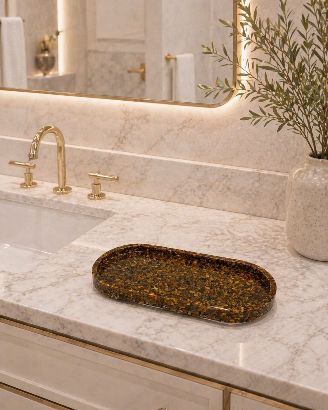 Bandeja De Pedra Trio Para Lavabo Decorativa Oval Grande Cor Olho de Tigre