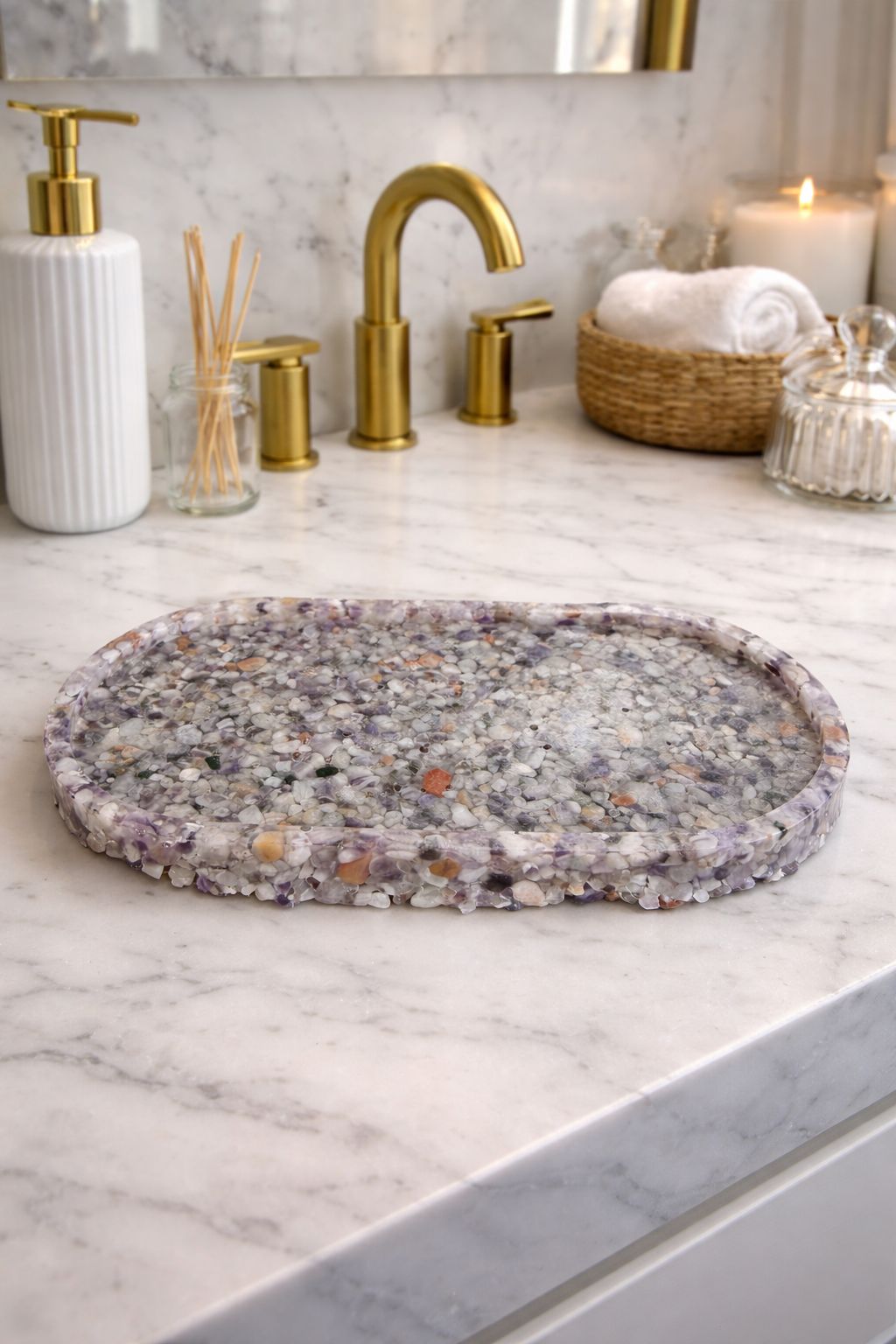 Bandeja Oval Premium Lavabo Banheiro Luxo Quartzo Natural Ametista