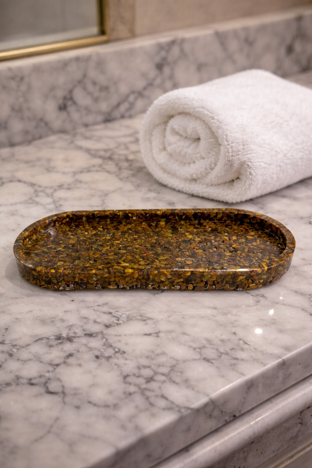 Bandeja De Pedra Trio Para Lavabo Decorativa Oval Grande Cor Olho de Tigre