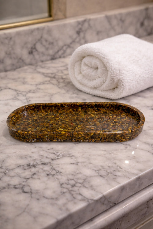 Bandeja De Pedra Trio Para Lavabo Decorativa Oval Grande Cor Olho de Tigre