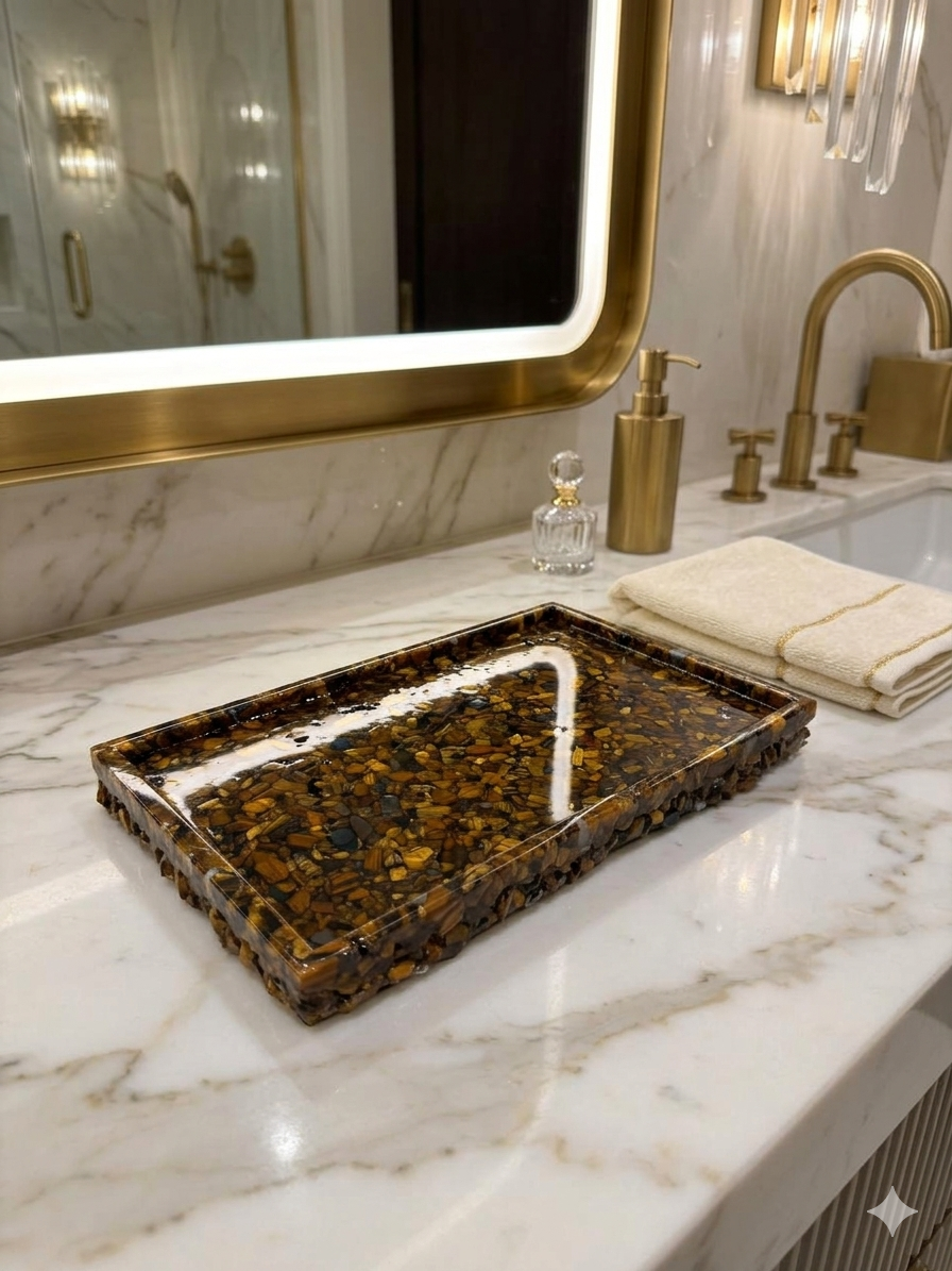 Bandeja De Pedra Para Lavabo Decorativa Quadrada Cor Olho de Tigre
