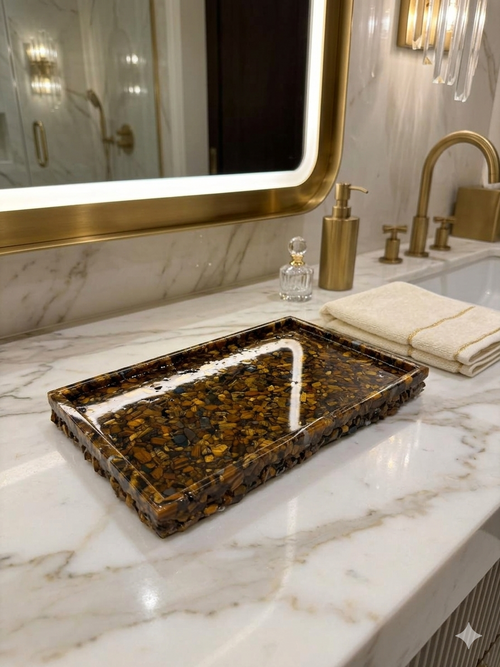 Bandeja De Pedra Para Lavabo Decorativa Quadrada Cor Olho de Tigre